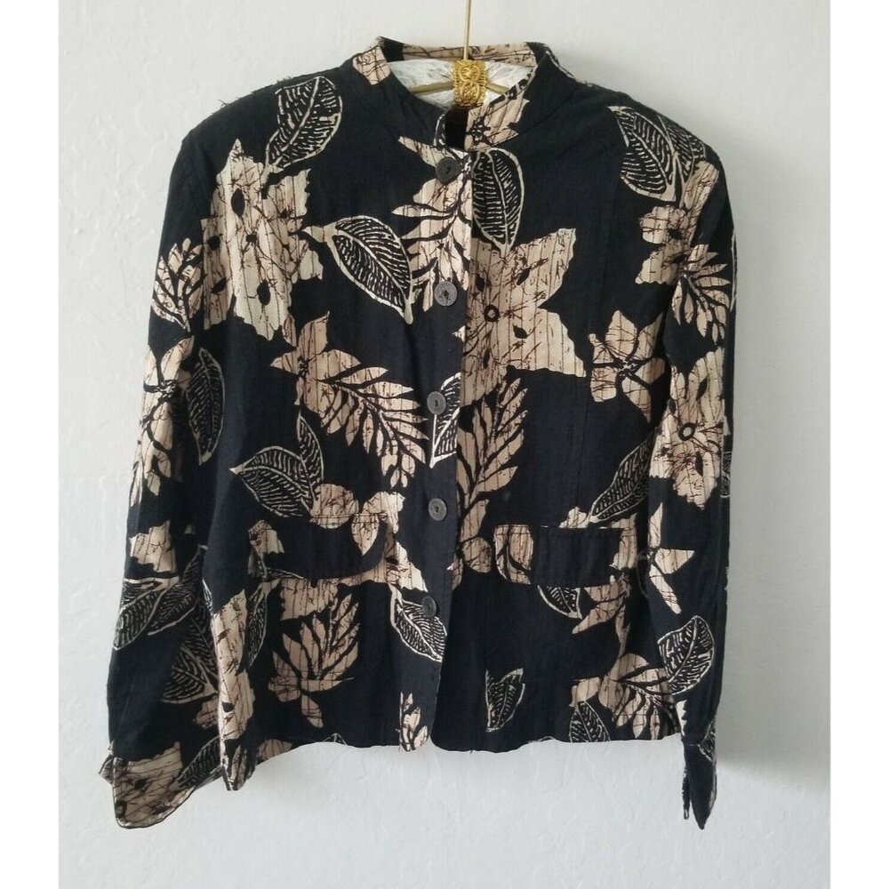 New Direction Womens Large Black Ivory Floral Mandarin Collar Jacket Lightweight